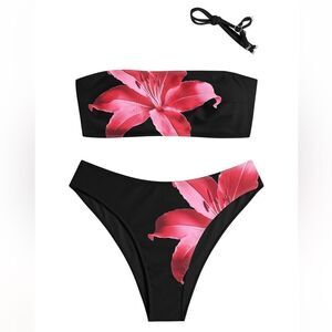 ZAFUL Women's High Cut Bandeau Bikini Set  (11-Black,XL) NWT